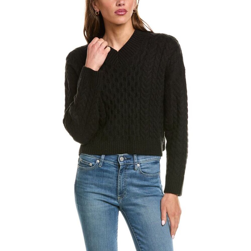 525 America Womens Cable High V-Neck Pullover, Black